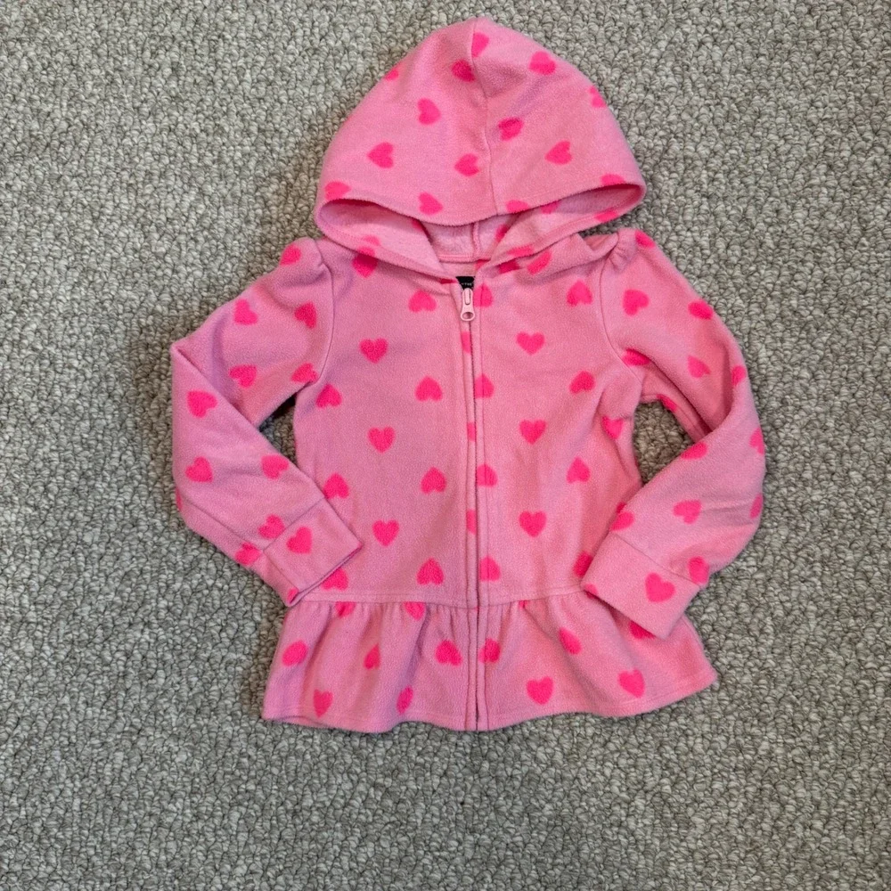 The Childrens Place Girls Pink Heart Fleece Peplum Zip Up Hoodie Jacket Size 4T